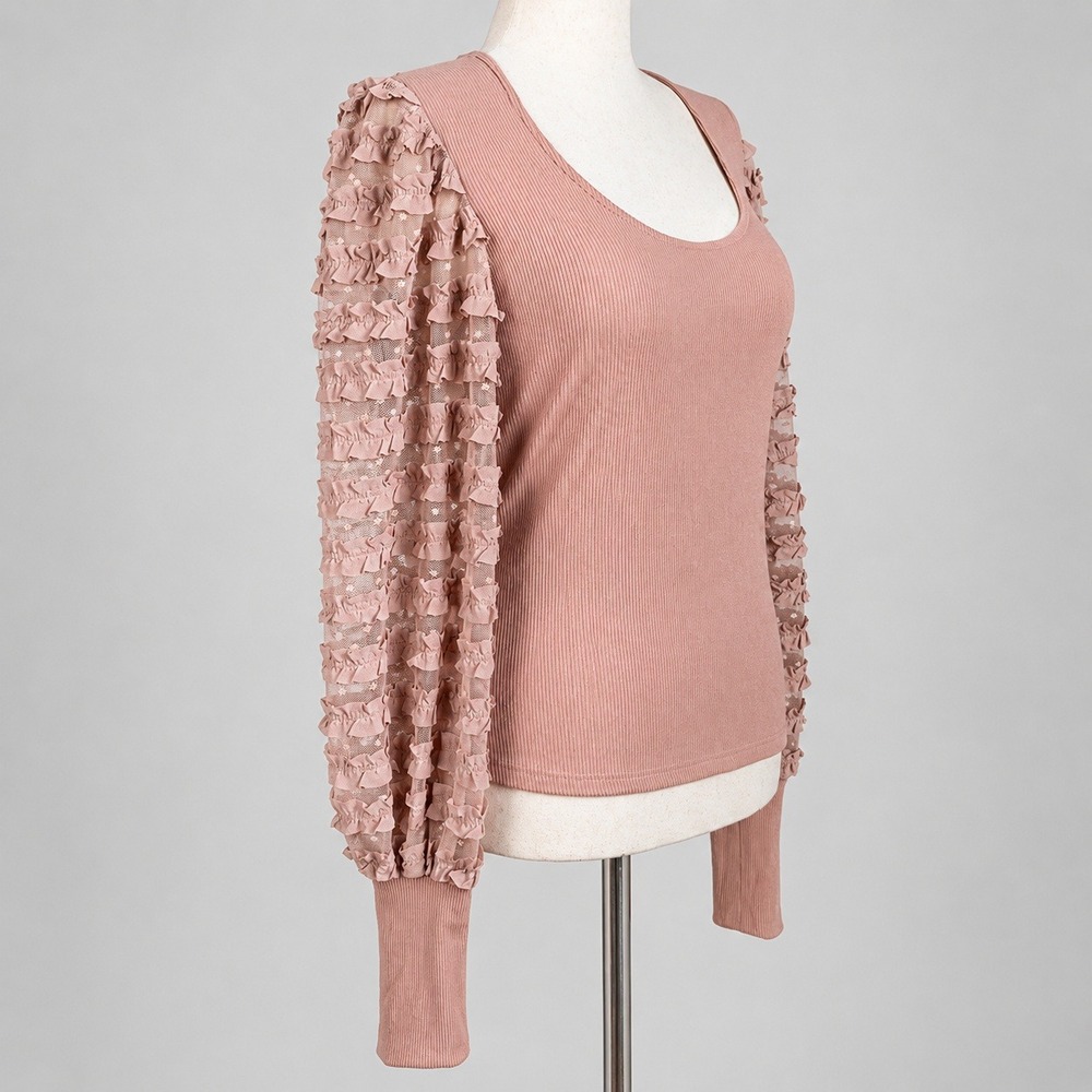 Anthropologie NEW Dolan Dusty Rose Ruffle Puff Sleeve Top SZ Large Coquette Boho - Picture 3 of 11